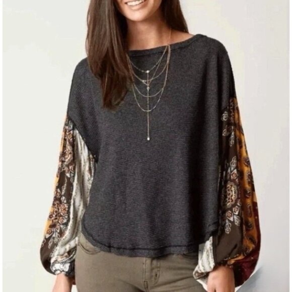 We The Free Tops - Free People We the Free Blossom Balloon Sleeve Gray Thermal Top